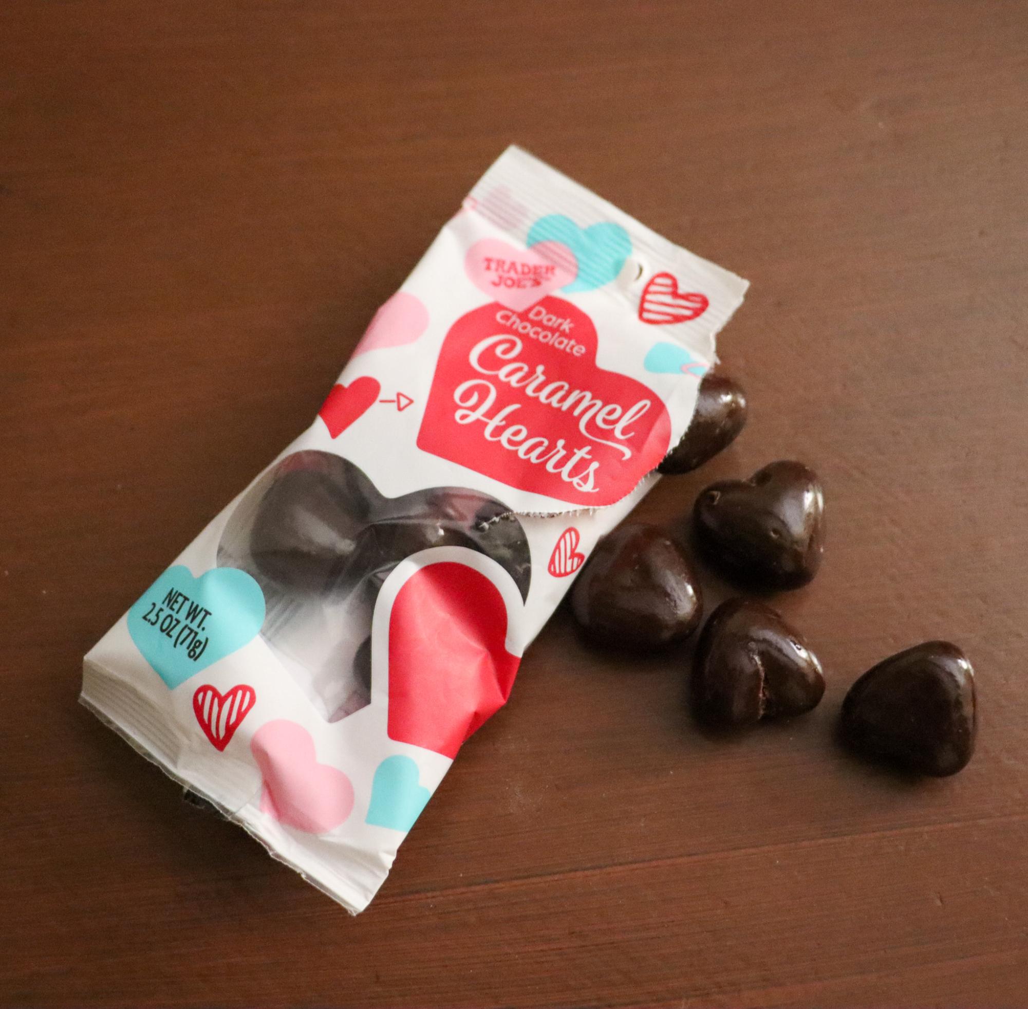 The Trader Joe's Dark Chocolate Caramel Hearts have a thick chocolate shell with caramel inside.