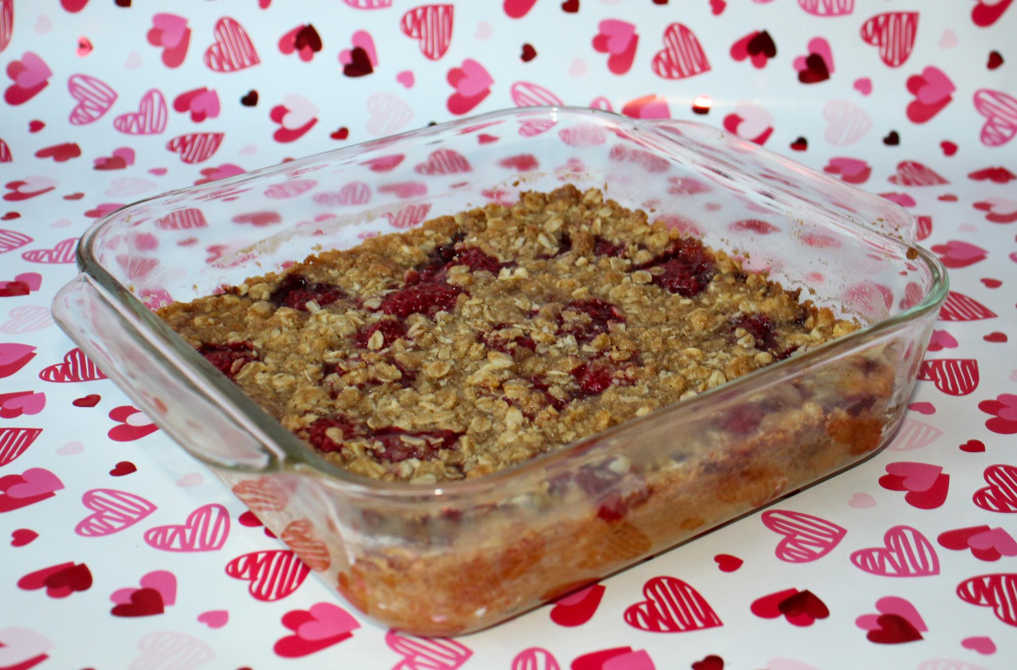 Raspberry streusel bars fresh and hot out of the oven.