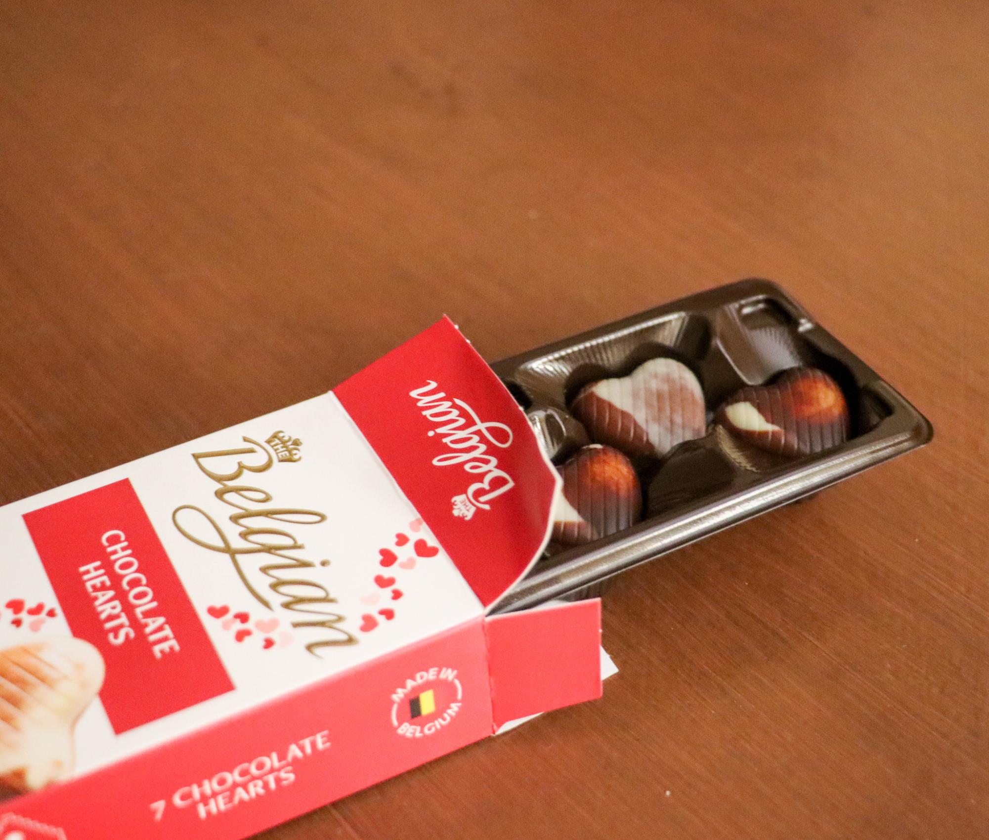 Trader Joe's Belgian Chocolate Hearts feature a chocolate and hazelnut center.