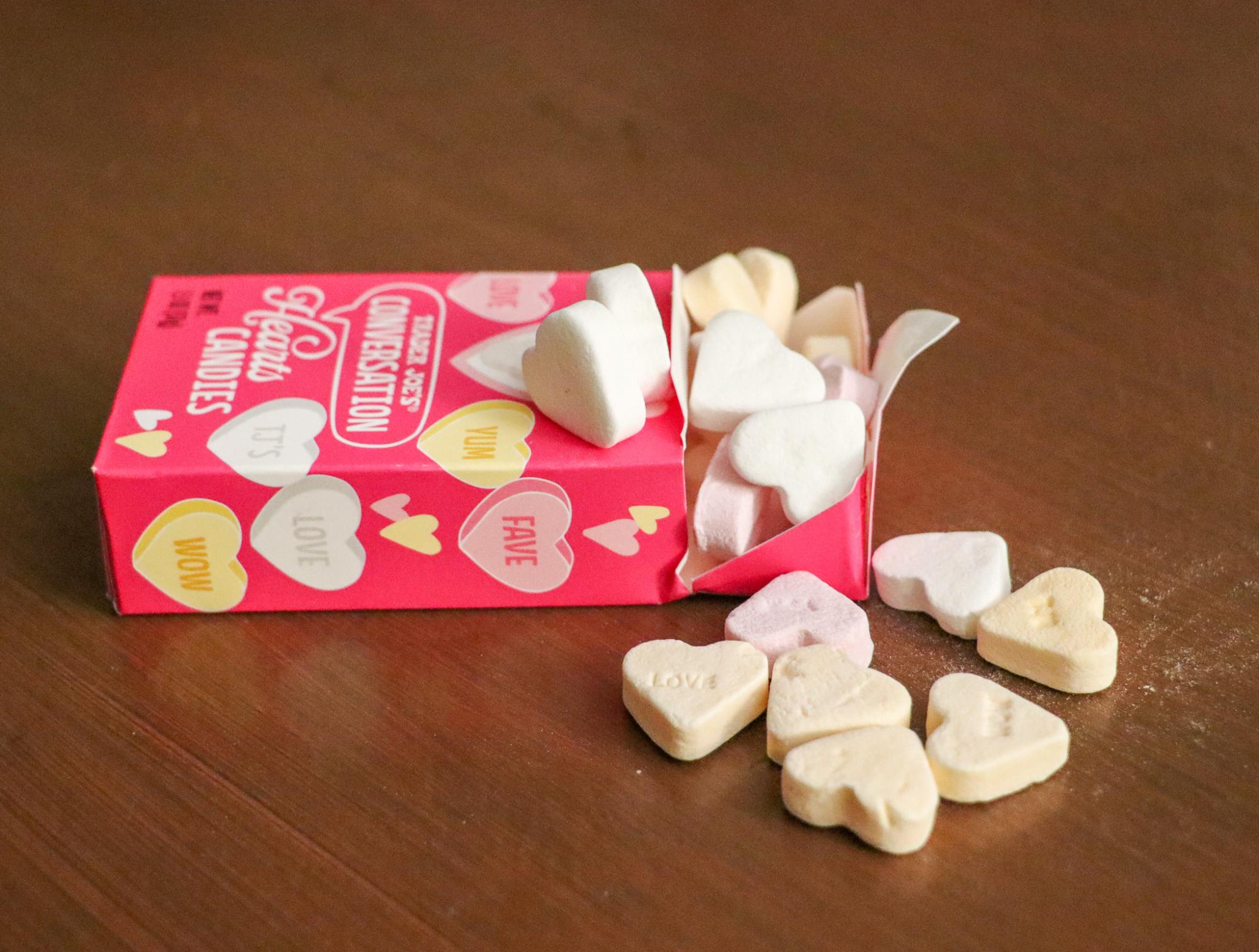 The Trader Joe's Valentine's Day Conversation Hearts contain various sayings like "wow" and "fave."