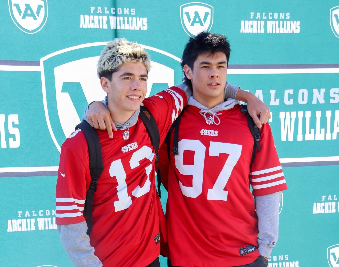 Sophomores Devin Singh and Nate Greenberg matched in 49ers jerseys for twin day Tuesday, Jan. 28.