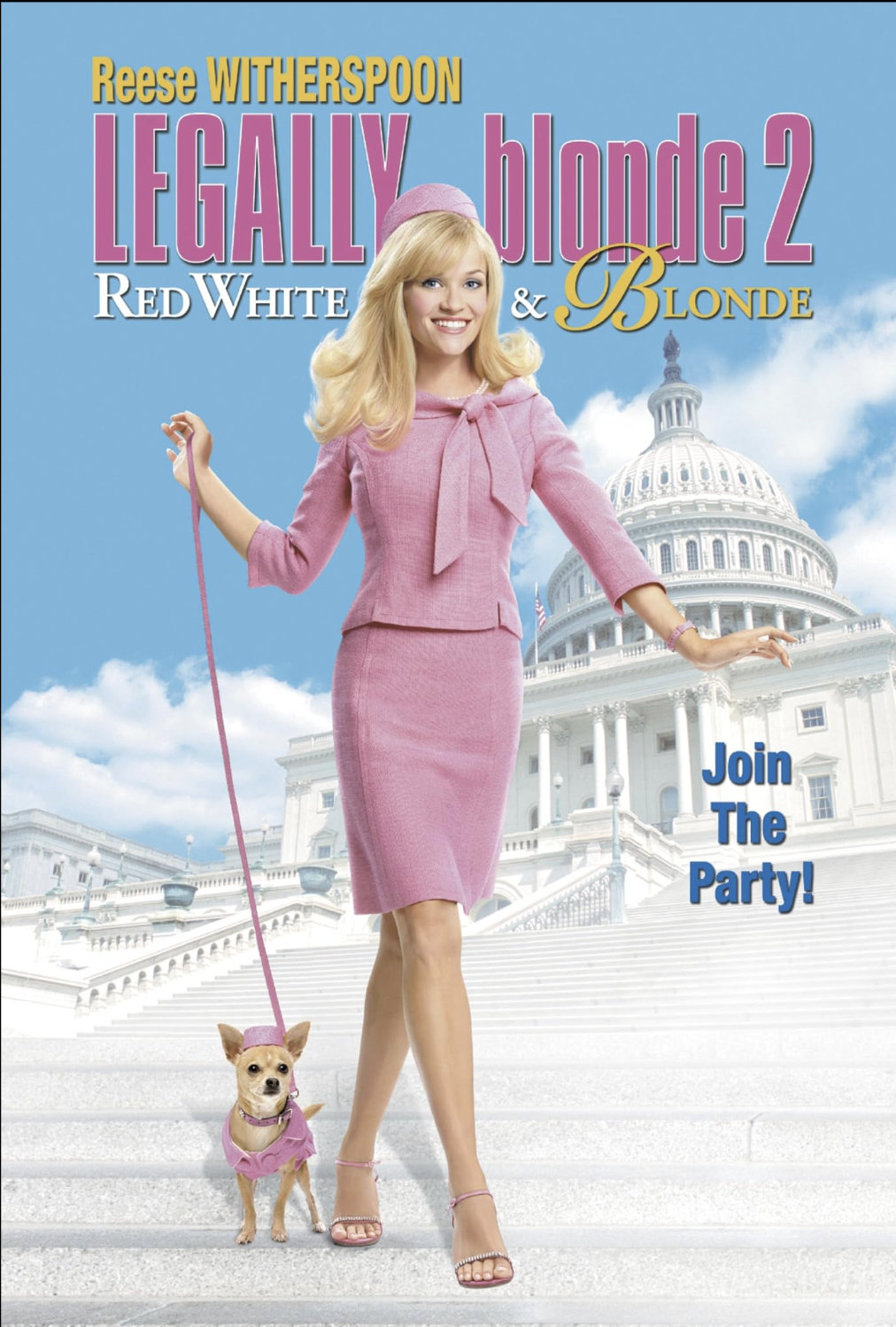 Elle Woods (Reese Witherspoon) and her dog Bruiser stand at the bottom of the steps at the U.S. Capitol Building. 
