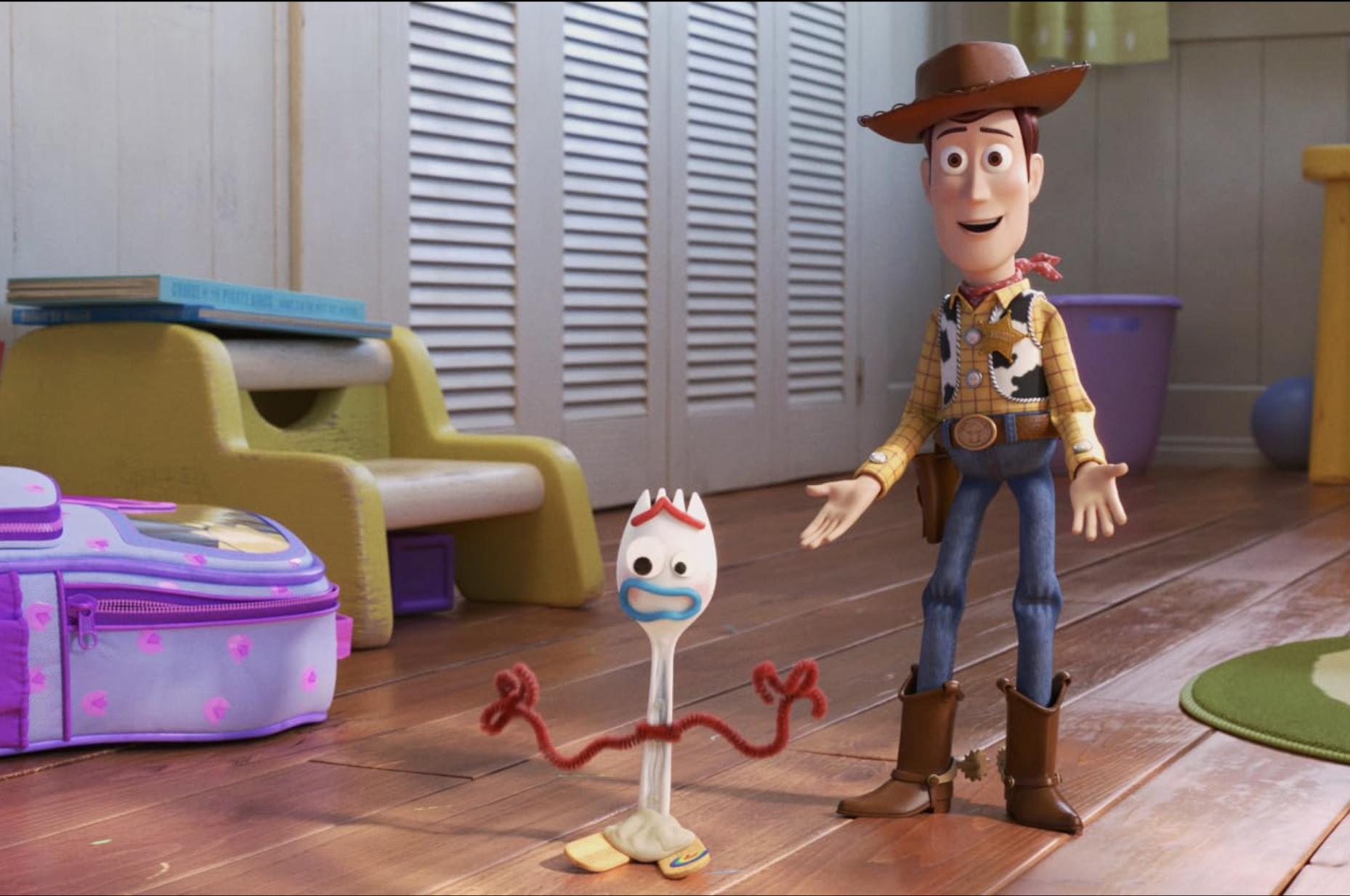 Woody (Tom Hanks) introduces Forky (Tony Hale) to the other toys. 