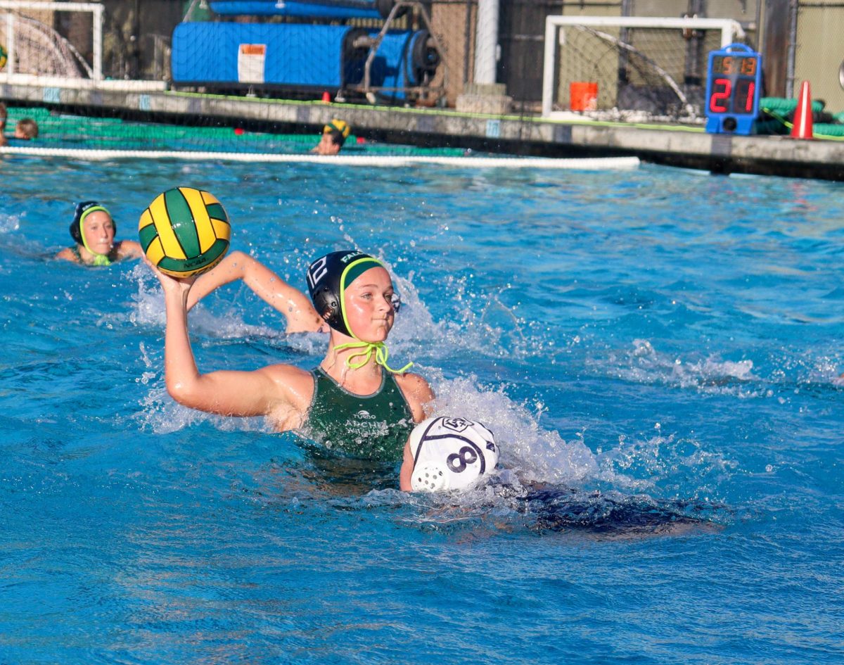 Sophomore Josephine Davis winds up a shot on Marin Catholics' goal.
