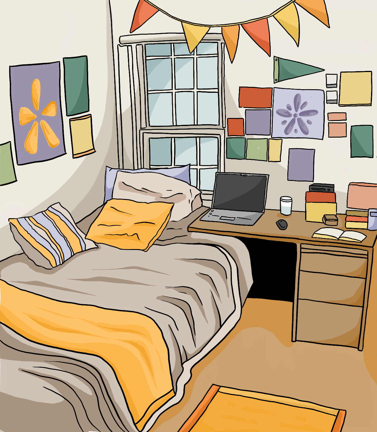 Because dorm rooms lack space students often rely on decorations to make them feel homey.
