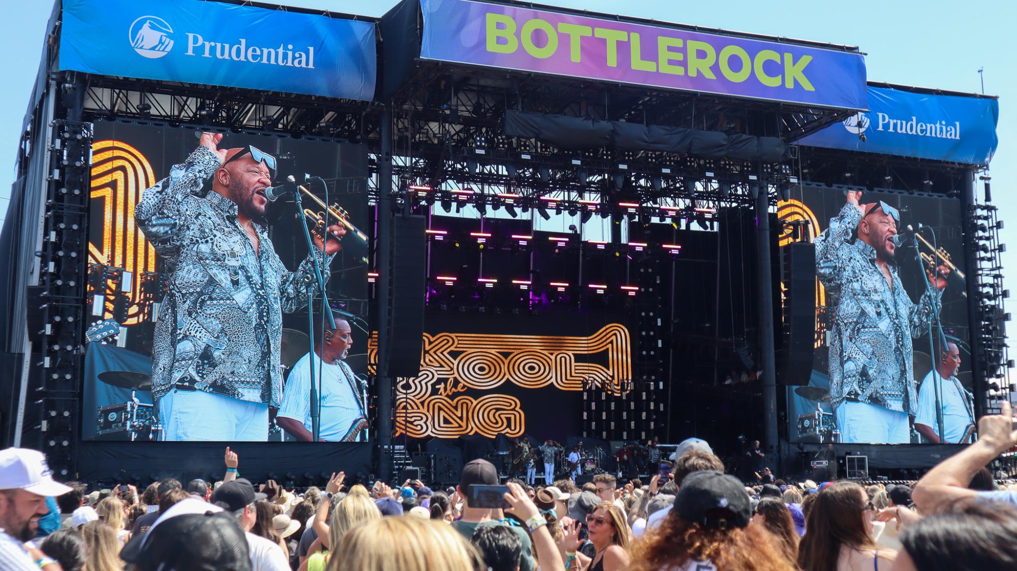 Kool and the Gang performs infront of a packed crowd at the Prudential Stage.
